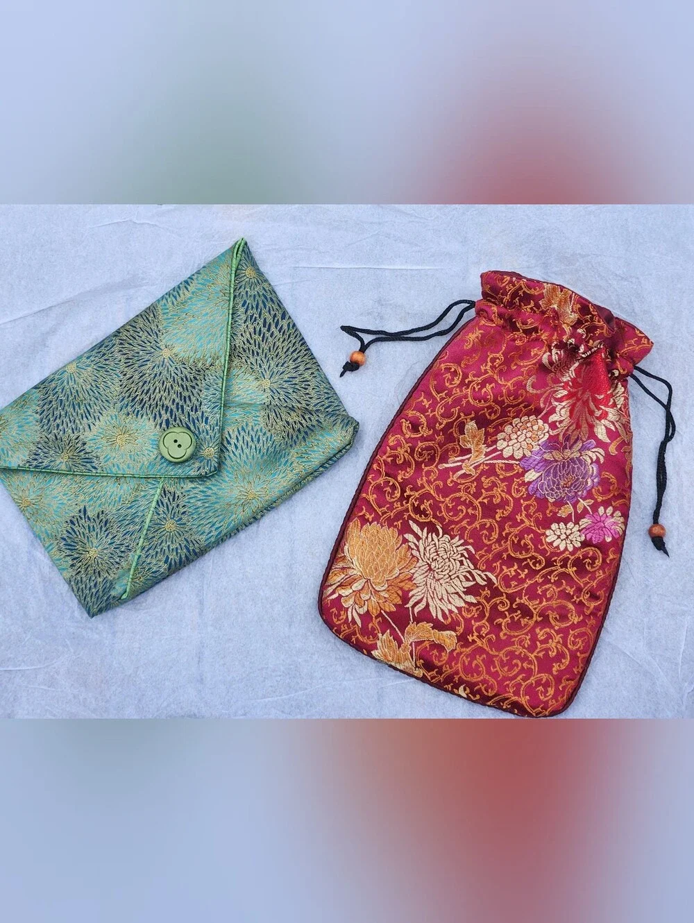2pc Silk Brocade Pouch Set Red Drawstring 10x6 & Green Envelope 8x6